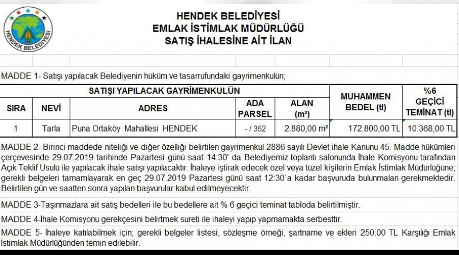 Hendek'te ak teklif usul ihale